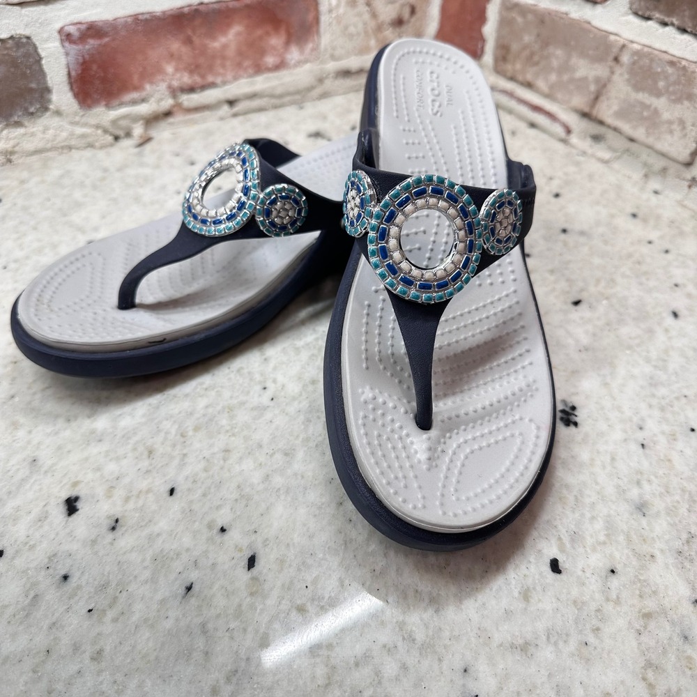 Crocs Flip Flops Women Navy Blue Mosaic Medallion Wedge Sandals Size 8